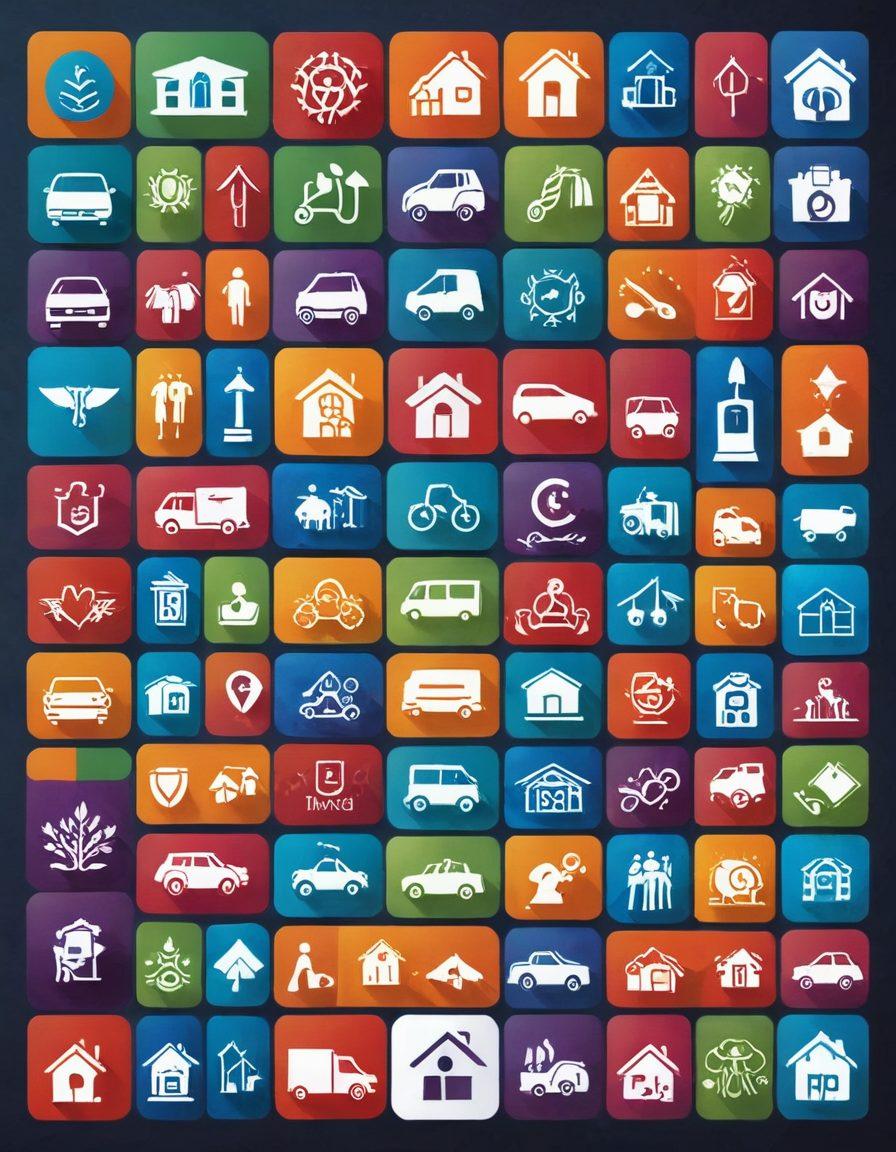 A vibrant and dynamic collage showing various insurance products represented as colorful icons: a family for health insurance, a house for home insurance, a car for auto insurance, a graduation cap for education insurance, and an elderly couple for life insurance. Each icon is placed on a timeline that illustrates different life stages, with a gradient background that transitions from bright to dark. super-realistic. vibrant colors. clean layout.